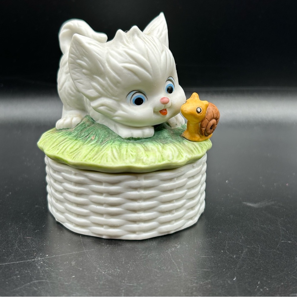 Vintage Adorable Kitten and Snail Ceramic Trinket Box Figurine 3.5" Length